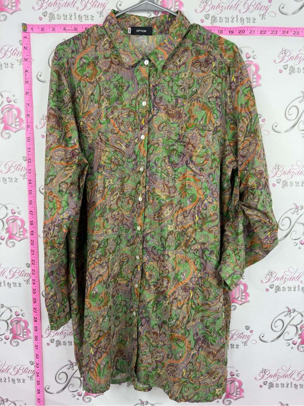 OPTION dress or long shirt button up Green Paisley Button-Down Shirt